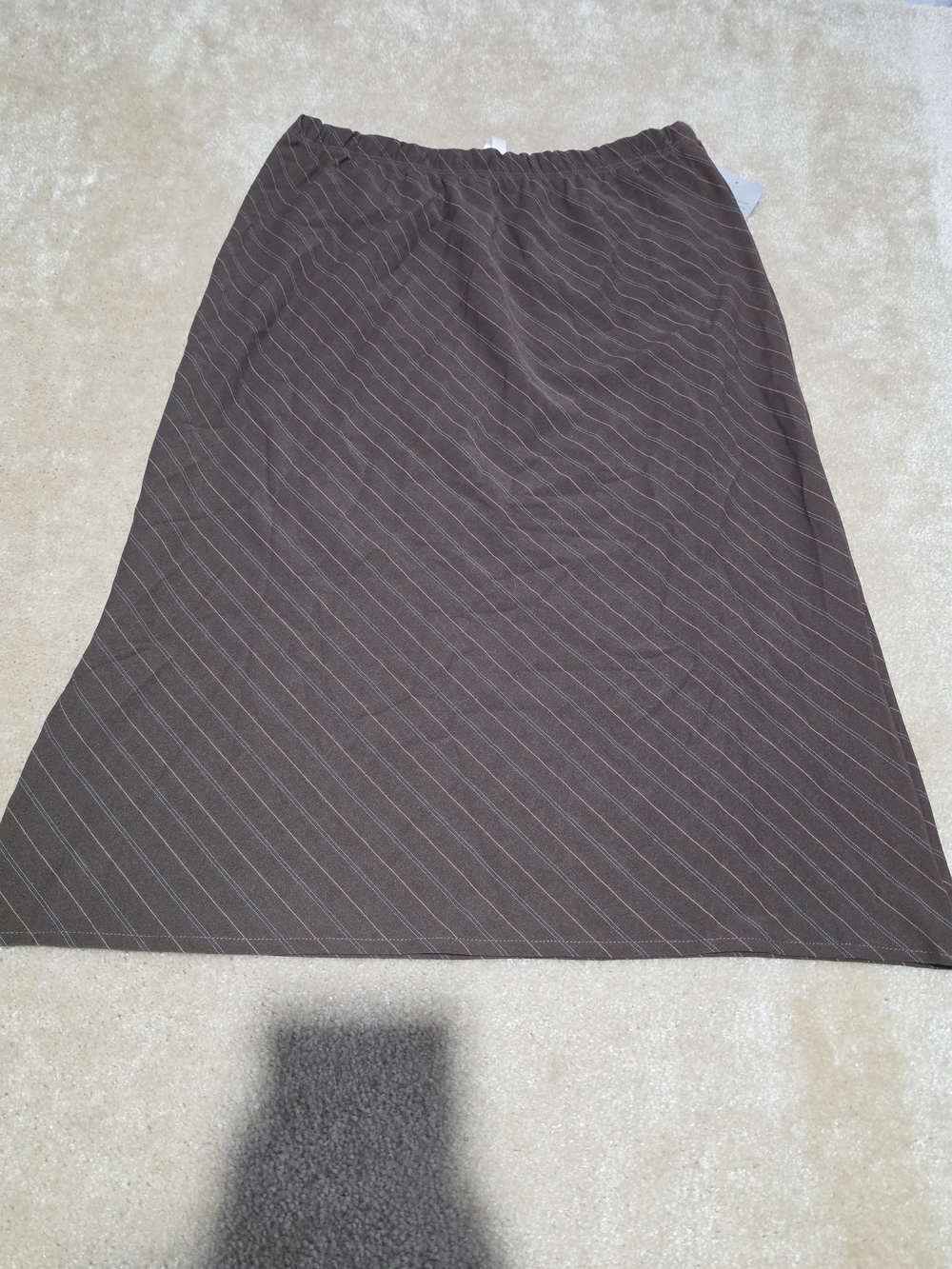 Forgotten Grace Women's XL Brown Pinstripe A-Line Midi Skirt NWT Stretch Pull-On